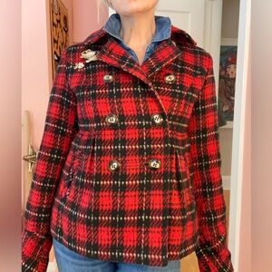 Festive red plaid coat with custom chipmunk appliqué. One of a kind